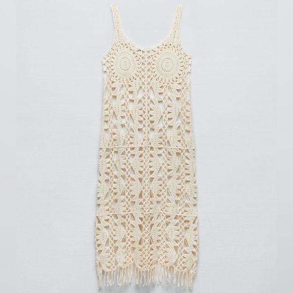 ZARA MACRAMÉ FRINGED KNIT DRESS - Picture 5 of 10